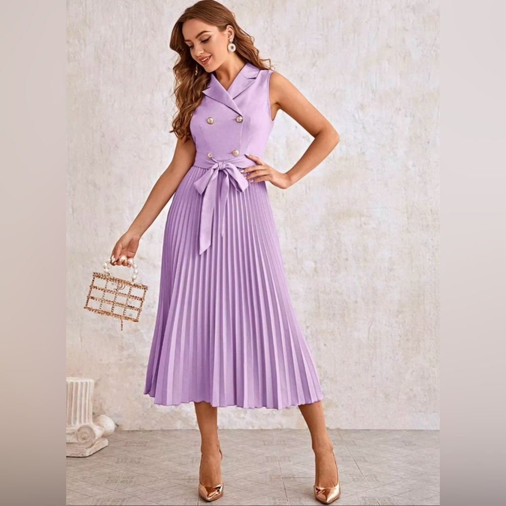 SHEIN 💜  Double Button Front Self Belted Pleated Dress